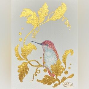 Original Hummingbird painting Gold accents bird Artwork Surrealism nouveau USA